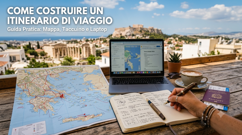 Come costruire un itinerario di viaggio: mappa cartacea della Grecia, laptop con Google Maps e taccuino con le tappe giorno per giorno, con l'Acropoli di Atene sullo sfondo